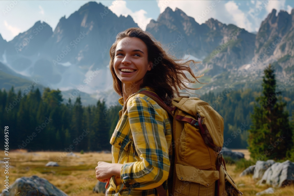 Young woman with backpack hiking trekking on mountains. Mountaineering, tourist recreation and sport concept. Template with copy space.