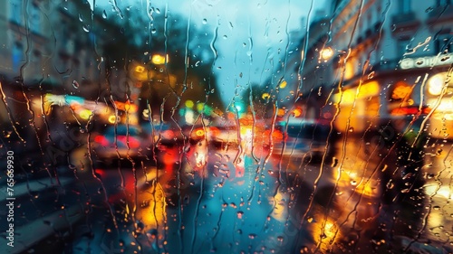 Rain drops on window with road light bokeh, City life in night in rainy season abstract background