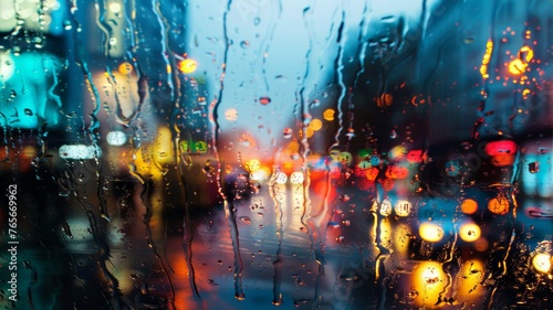 Rain drops on window with road light bokeh, City life in night in rainy season abstract background