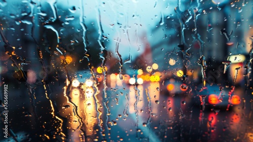 Rain drops on window with road light bokeh, City life in night in rainy season abstract background photo