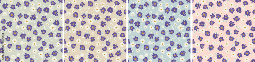 Set of cute simple spring delicate baby and nursery ditry seamless pattern, pastel color palette. Repeating background, endless texture for fanric, textile, wallpaper and clothing design. 