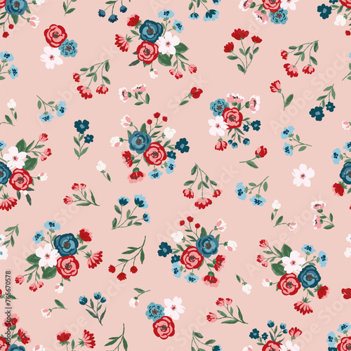 Bright floral pattern with red and blue flowers on pink background for fabric, textile, digital paper, wallpaper, scrapbook paper. Repeating flower background in rich bright color palette on pink