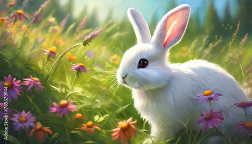 Easter Bunny amidst lush green grass, adorned with colorful Easter eggs, exuding charm and cuteness in the springtime scenery, background