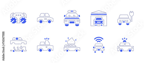 Car icon set. Duotone style line stroke and bold. Vector illustration. Containing car alarm, car, car dashboard, police car, car manufacturing, burning car, car repair.