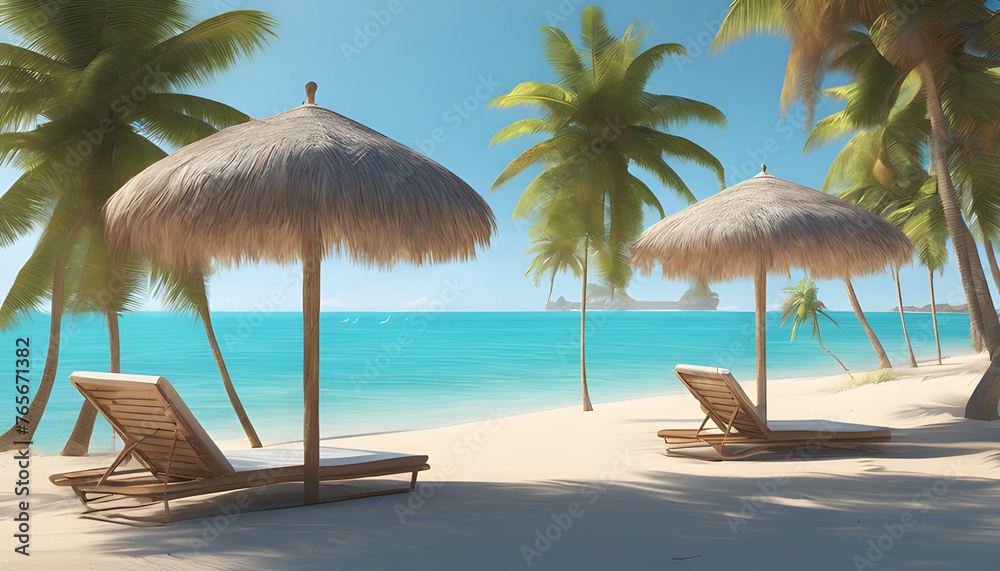 Tropical beach with palm trees and clear blue water, background image, shining sun