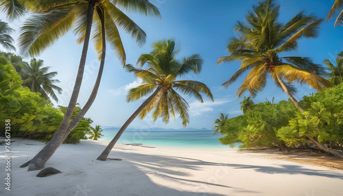 Tropical beach with palm trees and clear blue water, background image, shining sun