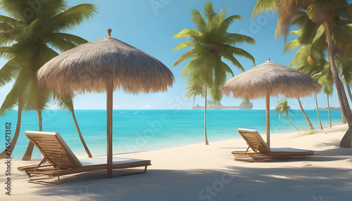 Tropical beach with palm trees and clear blue water, background image, shining sun