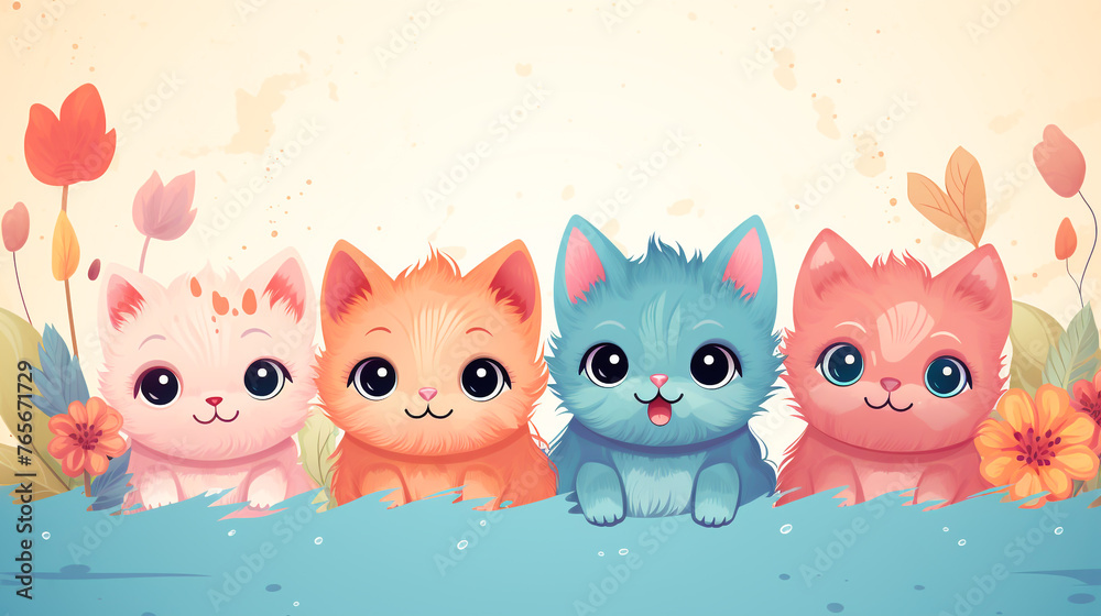 Cute fluffy cartoon cat in a relaxed pose. on a pastel background Cute fluffy cartoon cat in a relaxed pose. on a pastel background