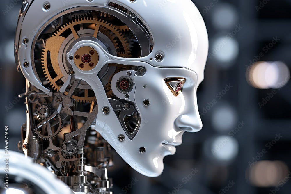 Portrait of a humanoid robot with feminine features and visible internal electronics. Concept: Technological future, fusion of man and machine, development of robotics and artificial intelligence Portrait of a humanoid robot with feminine features and visible internal electronics. Concept: Technological future, fusion of man and machine, development of robotics and artificial intelligence