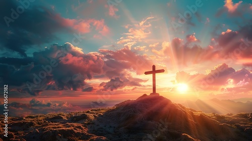 Wonderful Cross on Calvary hill. Sunrise, sunset sky background, Ascension day concept