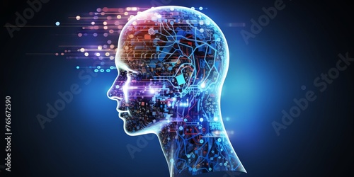head with a technological digital circuit and luminous patterns symbolizing artificial intelligence and machine thinking