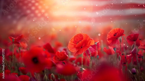 Poppy Field with American Flag Bokeh