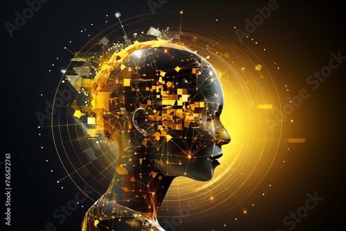 Silhouette of the head in profile with visualization of the digital brain and the global network.
Concept: artificial intelligence and brain research, connection between man and technology