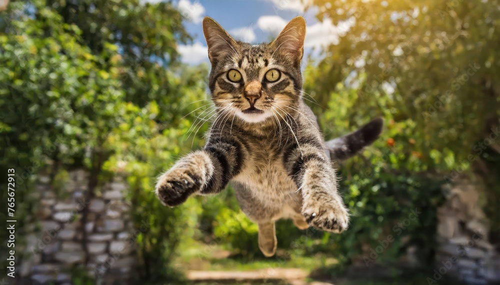 funny cat flying. photo of a playful tabby cat jumping mid-air looking at camera. background