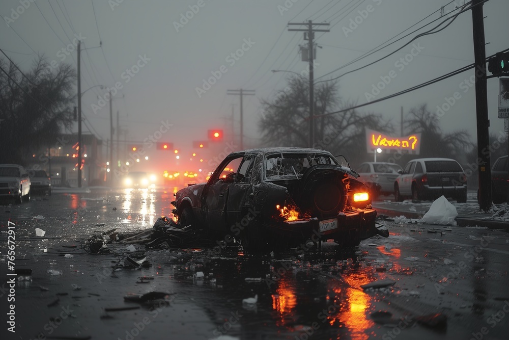 A somber scene where a car is engulfed in flames post-collision on a misty street, with emergency lights in the backdrop A somber scene where a car is engulfed in flames post-collision on a misty street, with emergency lights in the backdrop