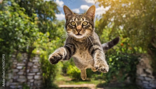 funny cat flying. photo of a playful tabby cat jumping mid-air looking at camera. background