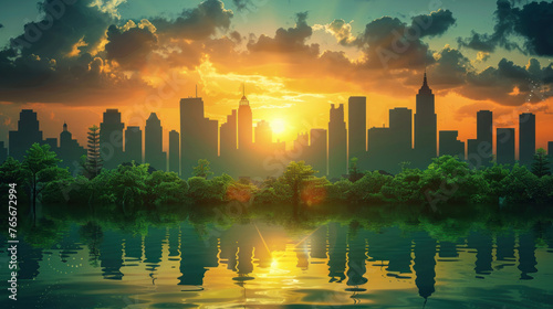 The sun rises magnificently behind skyscrapers, casting reflections on the waters that have enveloped the urban greenery below. photo