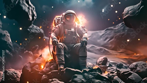 Astronaut in Space Suit Sitting on Rock Pile Generative AI photo