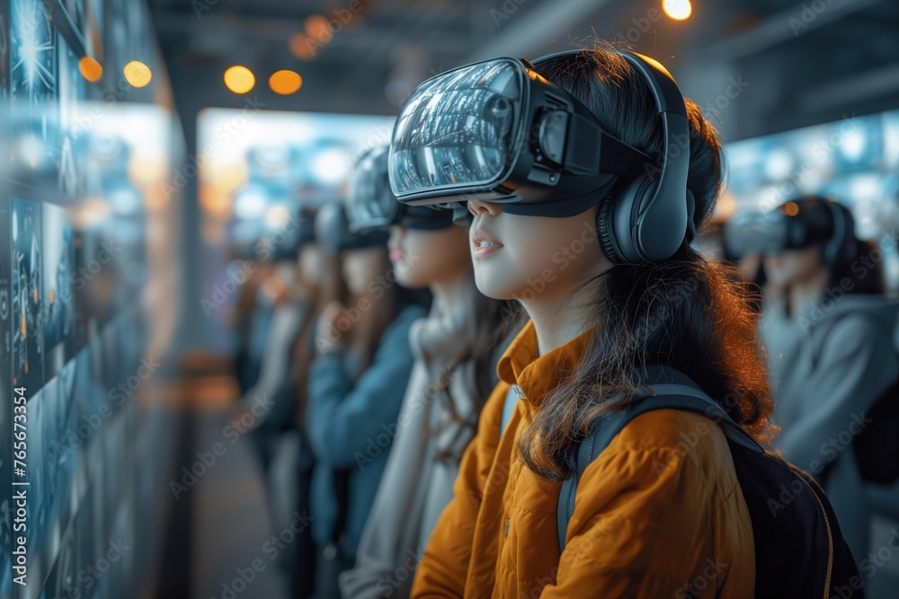A person in a yellow jacket immersed in a virtual reality experience at a tech expo A person in a yellow jacket immersed in a virtual reality experience at a tech expo