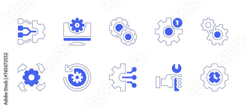 Setting icon set. Duotone style line stroke and bold. Vector illustration. Containing workshop, support, settings, system, repair, automated engineering, setting.