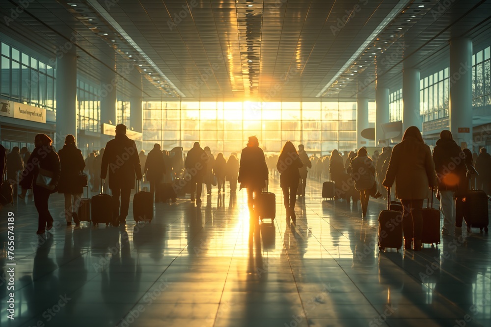 Busy airport scene with travelers silhouetted against a dramatic golden sunset, reflecting on the future of travel