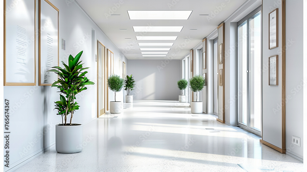Obraz premium Sleek modern office hallway, showcasing contemporary design and architectural elegance in a corporate environment