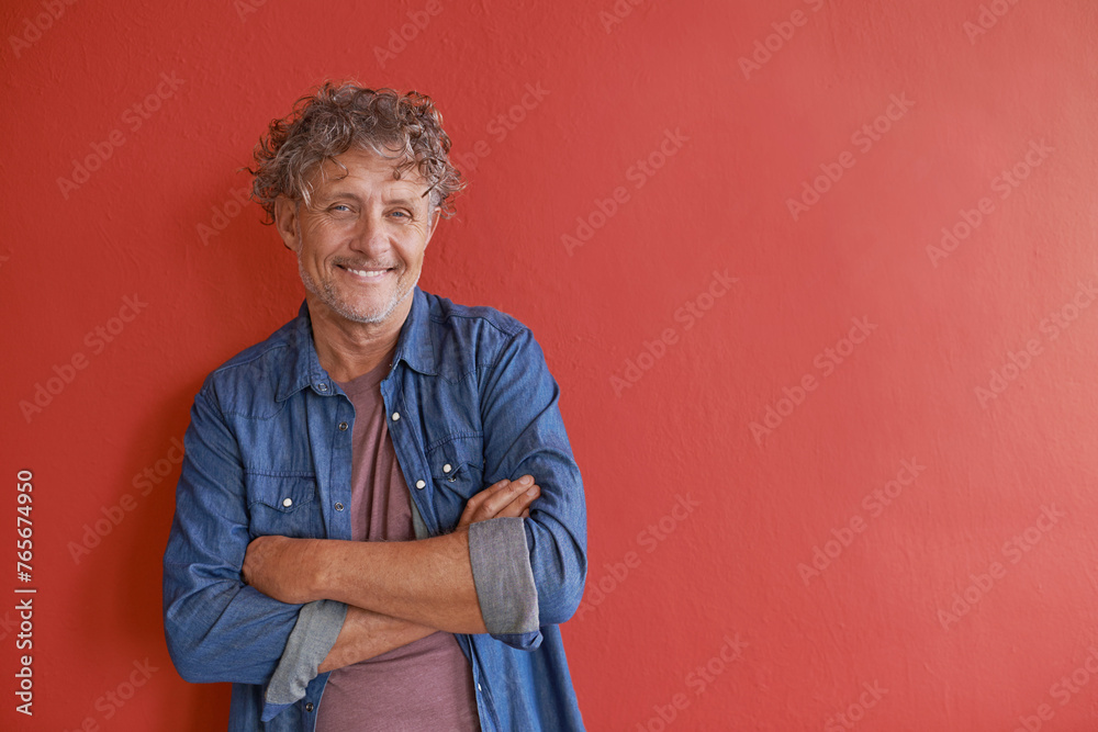 Portrait, smile or man in confident, business or fashion as casual clothes mockup on red background. Mature, entrepreneur or businessman as proud of stylish, trendy or cool creative designer outfit Portrait, smile or man in confident, business or fashion as casual clothes mockup on red background. Mature, entrepreneur or businessman as proud of stylish, trendy or cool creative designer outfit
