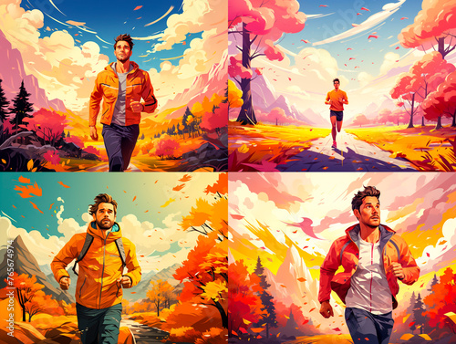 A depiction of a man running through the countryside in a colorful and artistic manner. Conveys the beauty and freedom of running in the fresh air. Ideal for those who appreciate creative photography.