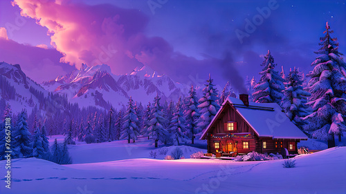 Snowy winter landscape with a cozy cottage, embodying a fairy-tale Christmas atmosphere in a frosty mountain forest setting © MdIqbal