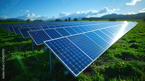 Clean energy generated by wind turbines, power plants and solar cells surrounded by green fields.