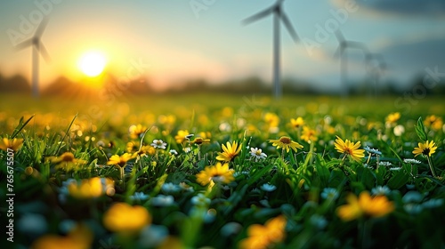 Clean energy generated by wind turbines, power plants and solar cells surrounded by green fields. © Pattarin