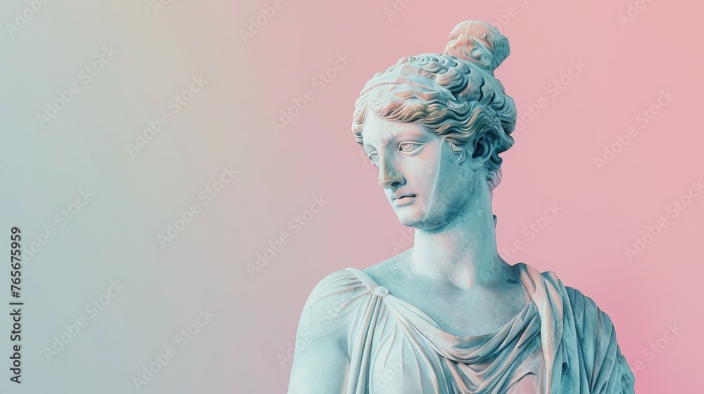 A classic marble sculpture of a woman with copy space, captured in profile with a soft pastel background, embodying timeless beauty and elegance A classic marble sculpture of a woman with copy space, captured in profile with a soft pastel background, embodying timeless beauty and elegance