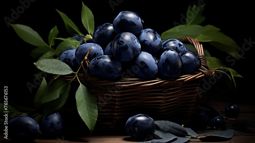 Elegant Arrangement: Damsons in a Fragile Straw Basket, Capturing Nature's Bounty with Graceful Precision and Delicate Composition photo