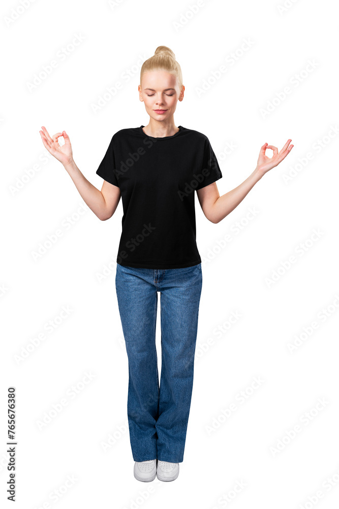 A young woman in casual clothing posing with a serene expression, isolated on a white background, clean design element A young woman in casual clothing posing with a serene expression, isolated on a white background, clean design element
