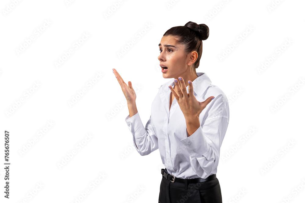 An expressive young businesswoman gesturing with her hands, isolated on a white background, conveying surprise or confusion An expressive young businesswoman gesturing with her hands, isolated on a white background, conveying surprise or confusion