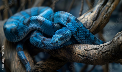 a blue snake curled on a tree branch