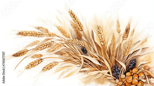 hand drawn and painted wheat getting grinded, earthy colors, white background created with Generative Ai
