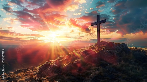 Bright Shining cross on Calvary hill, sunrise, sunset sky background