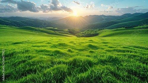 Clean energy generated by wind turbines  power plants and solar cells surrounded by green fields.