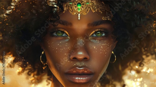 A close-up portrait of a Black woman with vibrant green eyes and natural afro hair. She wears a crown of intricate gold braids and a knowing expression.