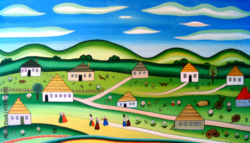 Serbian Naive Painting. Whimsical folk art. A serene village landscape, with rolling hills and a bright, expansive sky