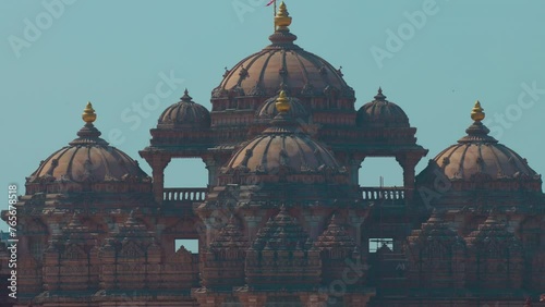 Close-up View On Towers Of Swaminarayan Akshardham Complex In Delhi, India. Akshardham Is Hindu Temple, Spiritual-cultural Campus. Entered Guinness Book Of Records As Largest Hindu Temple In World. photo