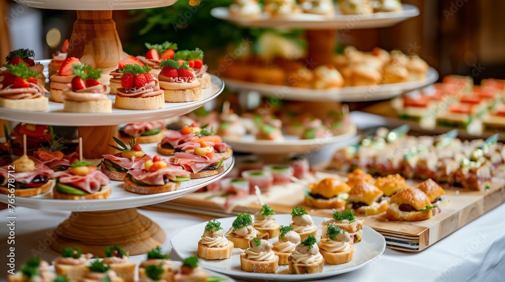Catering table with various creative and delicious food: canape, snacks and appetizers. Catering plate. Assortment of sandwiches and tartlets on the buffet table. Meat, fish, vegetable canapes.