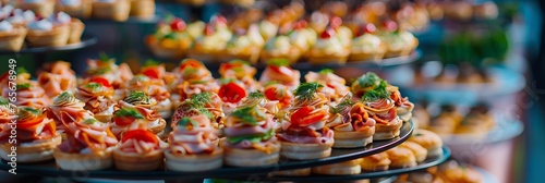 Catering table with various creative and delicious food: canape, snacks and appetizers. Catering plate. Assortment of sandwiches and tartlets on the buffet table. Meat, fish, vegetable canapes.