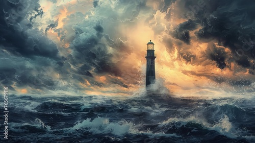 A dramatic illustration of a towering lighthouse standing firm against a backdrop of stormy seas and darkening skies, serving as a beacon of hope and guidance for those lost at sea.