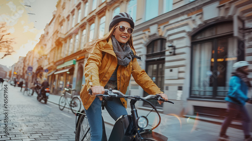 Woman riding an electric bicycle photo