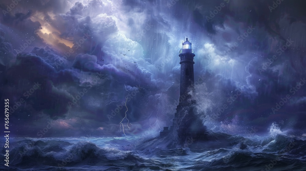 A dramatic illustration of a towering lighthouse standing firm against a backdrop of stormy seas and darkening skies, serving as a beacon of hope and guidance for those lost at sea.