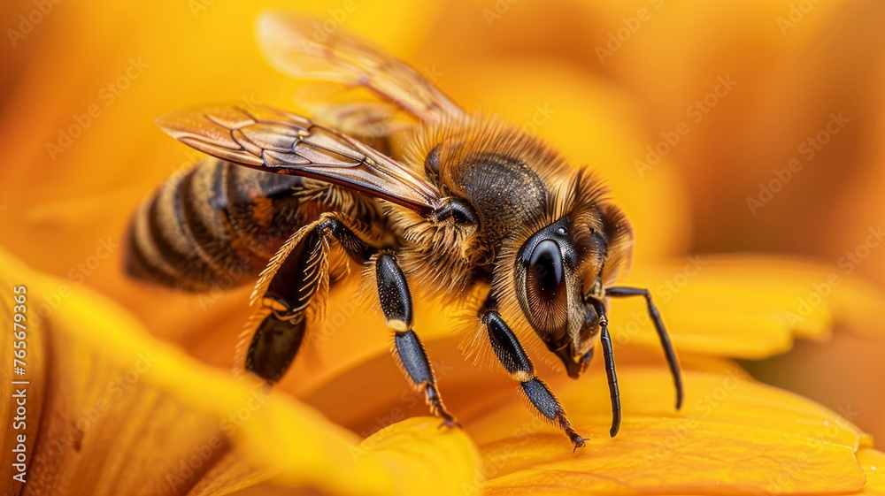 Close view of a honeybee perched gently on an orange petal Close view of a honeybee perched gently on an orange petal