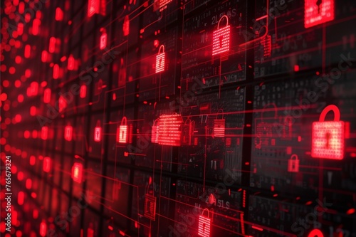 Abstract binary code numbers glowing in neon lights in red color and dark background with padlock of data breach or hacked