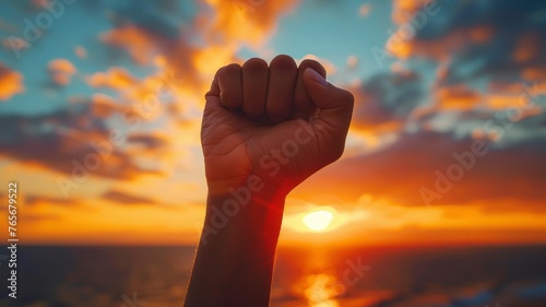 Sunrise hues behind raised fists symbolizing resilience © Putra
